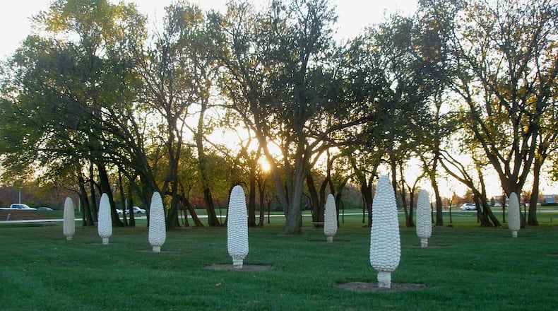 The Field of Corn, or "Cornhenge," exhibit features 109 human-sized ears of corn arranged in a circle similar to Stonehenge.