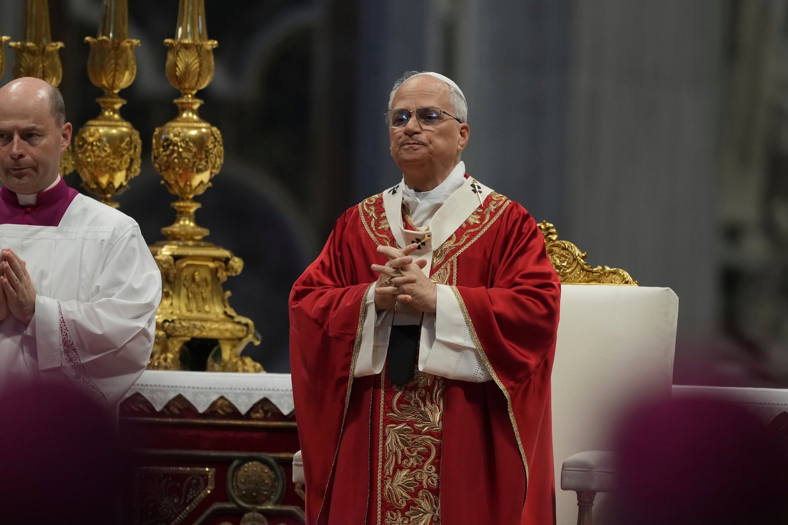 Pope Leo XIV celebrates a Mass in St. Peter's Basilica at the Vatican, where he will bless the pallia for the new metropolitan archbishops, Sunday, June 29, 2025. (AP Photo/Andrew Medichini)