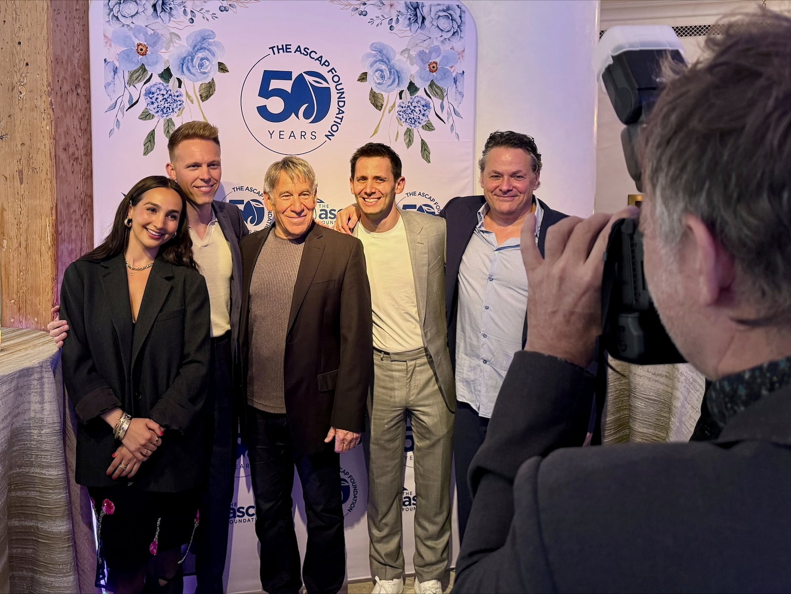 Emily Bear, Justin Paul, Stephen Schwartz, Benj Pasek and Adam Guettel pose for a photo at the ASCAP Foundation's 50th anniversary celebration in Manhattan, New York on Tuesday, June 10, 2025. (AP Photo/James Pollard)