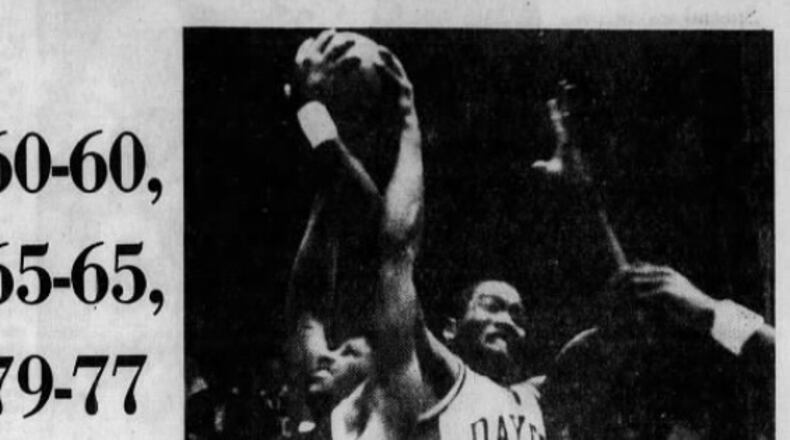 Front of the Dayton Daily News sports section on Jan. 29, 1982, featuring Dayton's five-overtime victory against Providence.