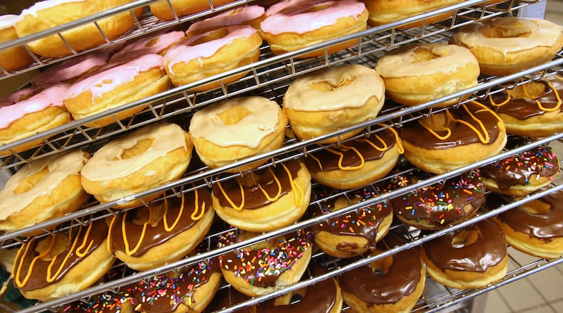 A rack of donuts at a Dunkin’ Donuts. Staff photo