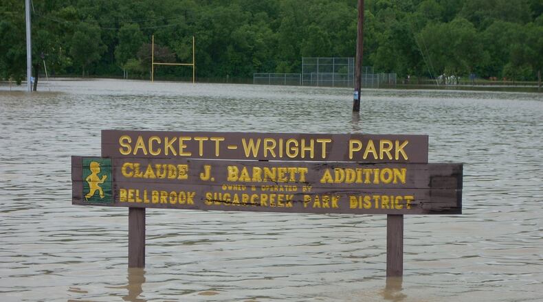 Sackett-Wright Park in Bellbrook was more fit for canoeing than soccer on Wednesday, June 4, 2018, due to flooding of the Little Miami River. STAFF / JEREMY P. KELLEY
