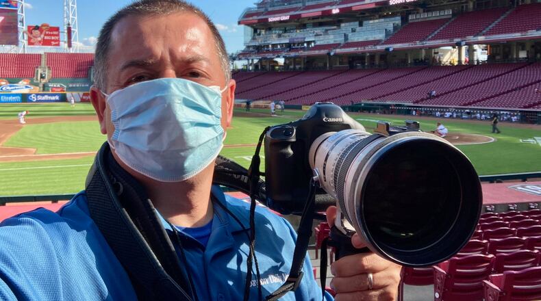 David Jablonski takes a selfie at Great American Ball Park before a game between the Reds and Tigers on July 24, 2020, in Cincinnati.