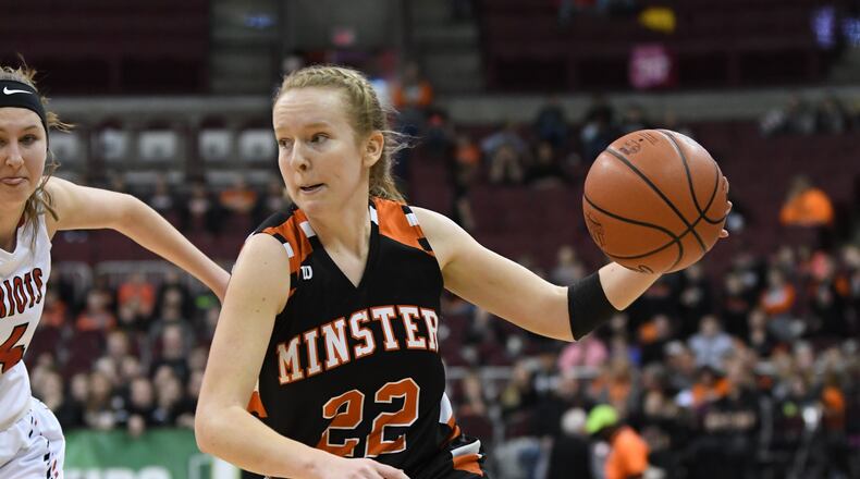 Minster’s Jessica Falk against Willoughby Cornerstone Christian in Friday’s Division IV state semifinals at the Schottenstein Center in Columbus. Nick Falzerano/CONTRIBUTED