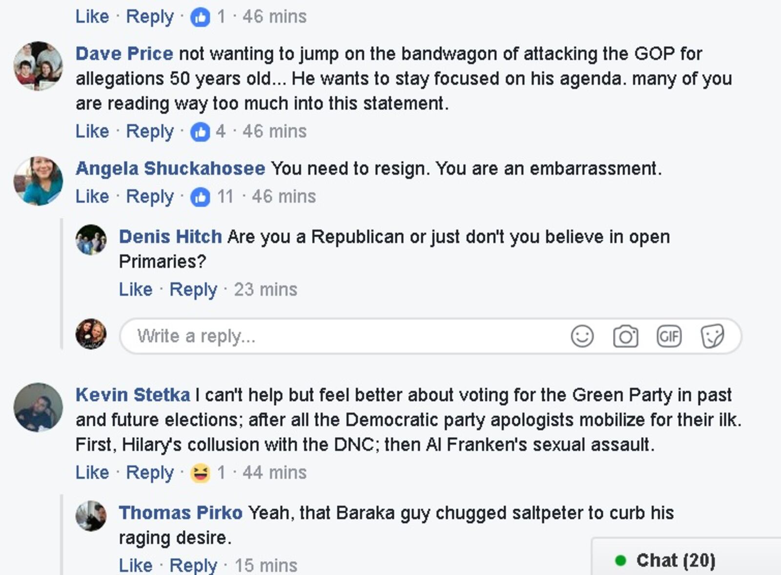 Facebook comments to Justice Bill O'Neill's post about his sexual past.