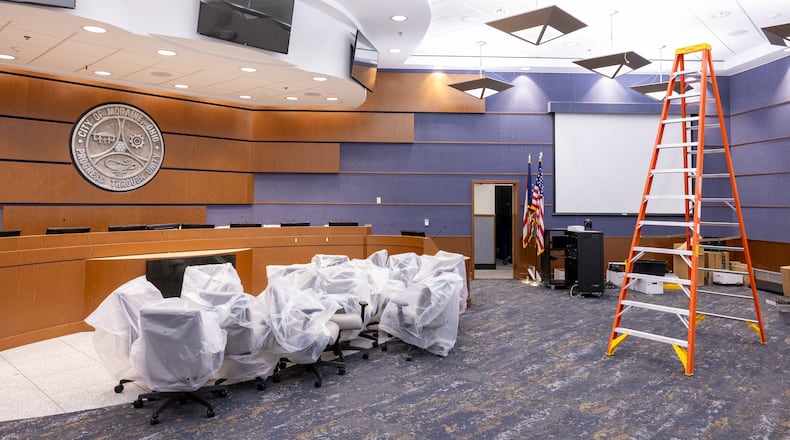 Moraine's yearlong, $4.4 million renovation of its municipal building is coming to a close. Among the renovations, new flooring and lighting were installed in the council chamber and lobby. BRYANT BILLING/STAFF