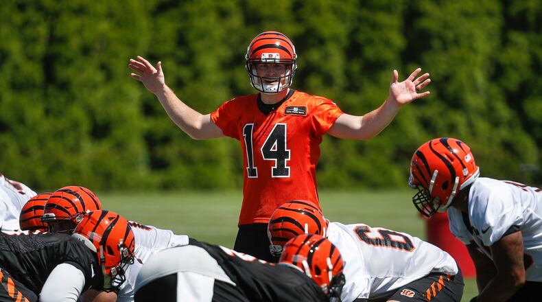 Cincinnati Bengals quarterback Andy Dalton directs teammates during NFL football training camp, Saturday, July 29, 2017, in Cincinnati. (AP Photo/John Minchillo)