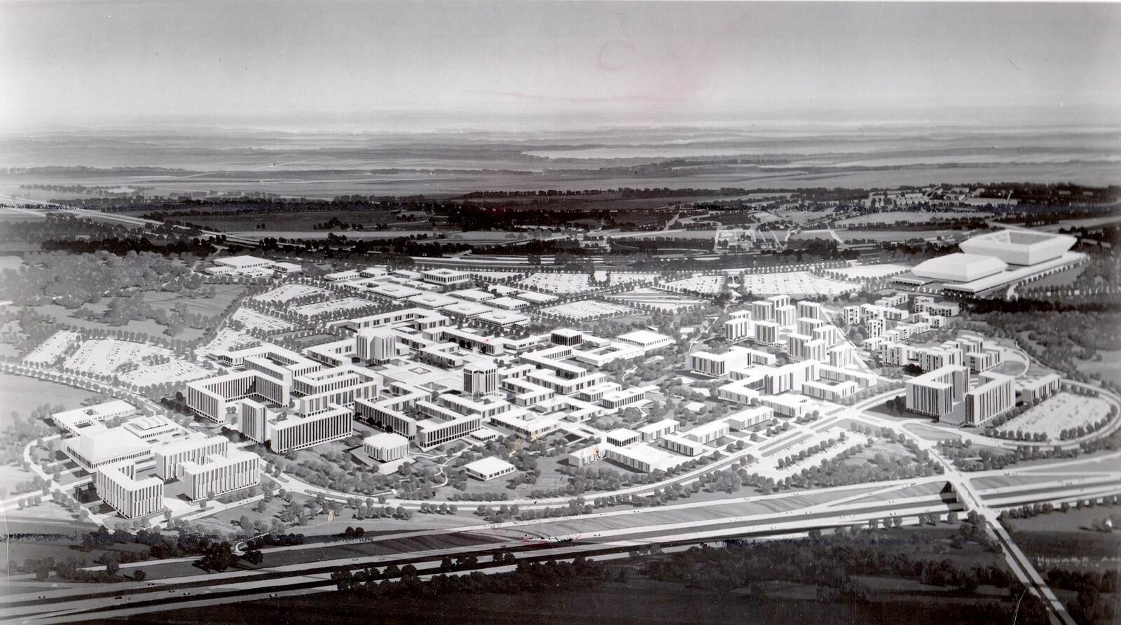 A 1964 rendering of the proposed "Dayton Campus for Miami University and The Ohio State University," which became Wright State University in 1967. Two square shaped stadiums were drawn at the east end of campus.  DAYTON DAILY NEWS ARCHIVE