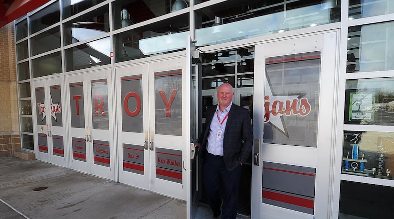 Troy schools Superintendent Chris Piper walks out the entrance of the high school Friday Feb. 3, 2023. MARSHALL GORBY\STAFF