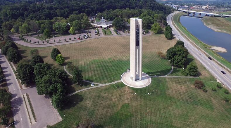 The Deeds Carillon is a 151-foot-tall tower, made of Indiana limestone, and originally designed with 32 bells. Eight of the first 32 bells were silent, each a memorial to a member of the Deeds family.SKY 7 / STAFF