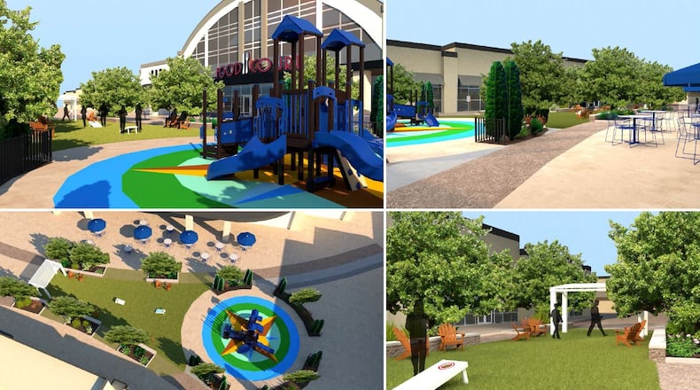 Giant Jenga, life-size chess and cornhole games are all part of the new green space that opens Monday, July 23 at Cincinnati Premium Outlets in Monroe. CONTRIBUTED