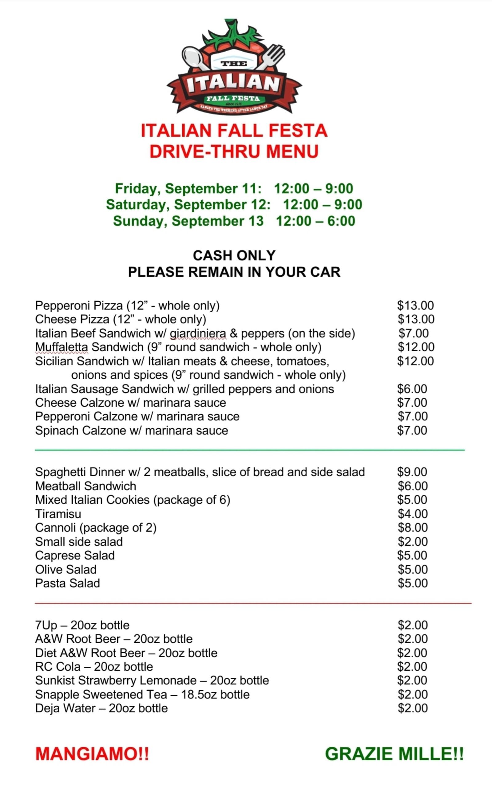 The drive-thru menu for the 2020 Italian Fall Festa.