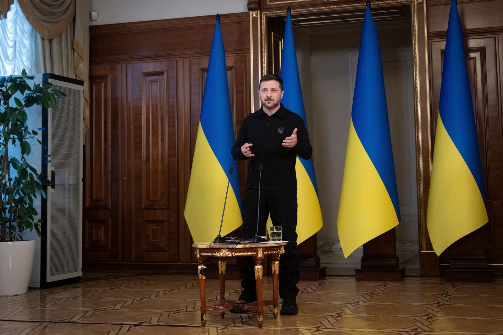 Ukrainian President Volodymyr Zelenskyy speaks during a briefing in Kyiv, Ukraine, Thursday, April 17, 2025. (AP Photo/Efrem Lukatsky)