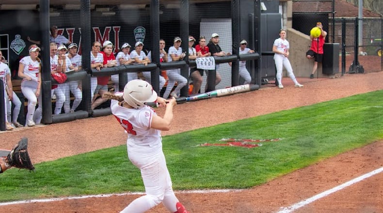 Miami's Allie Cummins connects with one of her three home runs on the day against Ball State on Tuesday in Oxford. Miami Athletics photo
