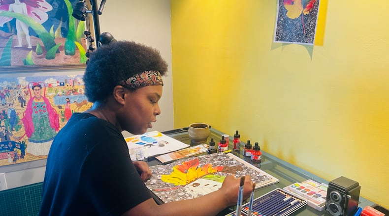 King’s home studio contains a drafting table with pencils and jars of colorful ink, surrounded by her drawings and paintings of botanical-inspired imagery. Contributed photos