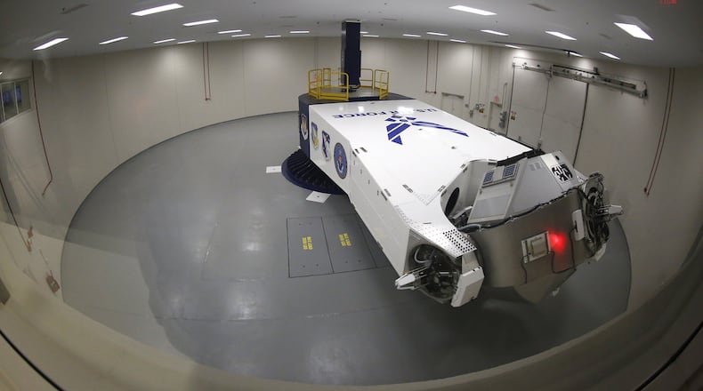 The Air Force is in the testing phase of a human rated centrifuge for gravity training and research at the 711th Human Performance Wing on Wright-Patterson Air Force Base. At the base where g-force training and research has been conducted since the dawn of the jet age, this new centrifuge replaces several in the Department of Defense including one that is already mothballed in Building 33. Maintaining fighter pilot g-tolerance is a critical part of flight physiology for as the performance of the latest generation of fighter aircraft become more demanding of the pilots. TY GREENLEES / STAFF