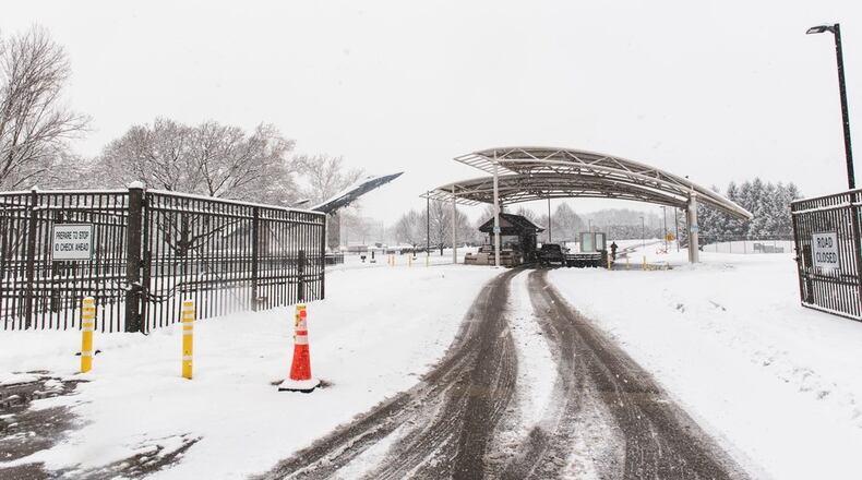 Snow fell near Gate 12A on Jan. 22, 2023 at Wright-Patterson Air Force Base. (U.S. Air Force photo by Christopher Warner)