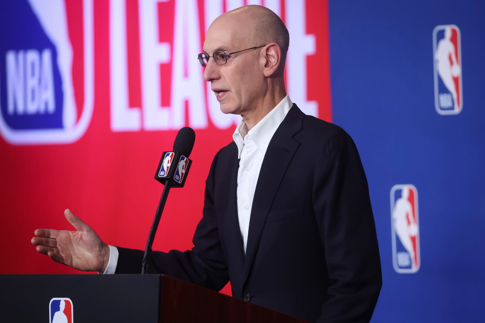 NBA Commissioner Adam Silver speaks during a news conference following a meeting of the NBA's board of governors on Tuesday, July 15, 2025, in Las Vegas. (Chase Stevens/Las Vegas Review-Journal via AP)