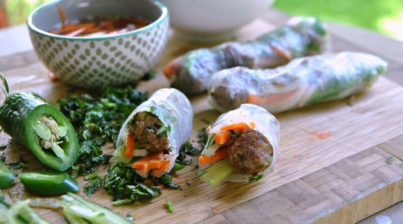Rice Paper Banh Mi with Pork Meatballs and Nuoc cham Dipping Sauce. (Gretchen McKay/Pittsburgh Post-Gazette/TNS)