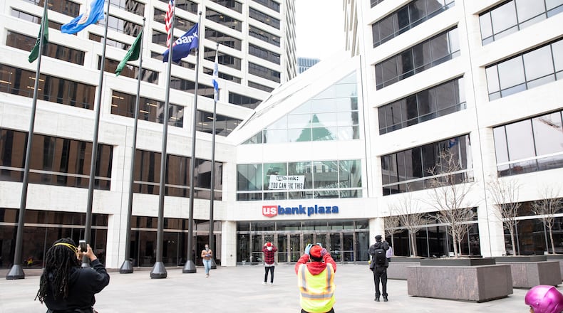 Protesters demand the cancellation of rent and mortgage payments at the US Bank Plaza in Minneapolis on April 8. (Jenn Ackerman/The New York Times)