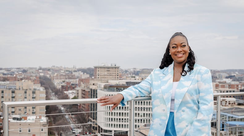 Michele Jawando, the next CEO of the Omidyar Network, poses for a photo at the company's office in Washington, Wednesday, March 11, 2026. (AP Photo/Moriah Ratner)