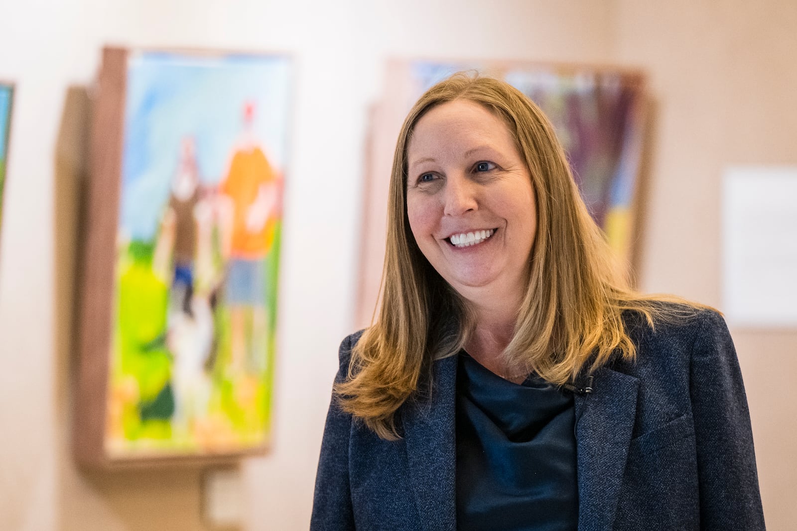 Teresa Lenling, Director of the George W. Bush Presidential Museum, speaks during an interview about an exhibit featuring paintings by President George W. Bush on Thursday, May 15, 2025, in Dallas. (AP Photo/Jessica Tobias)