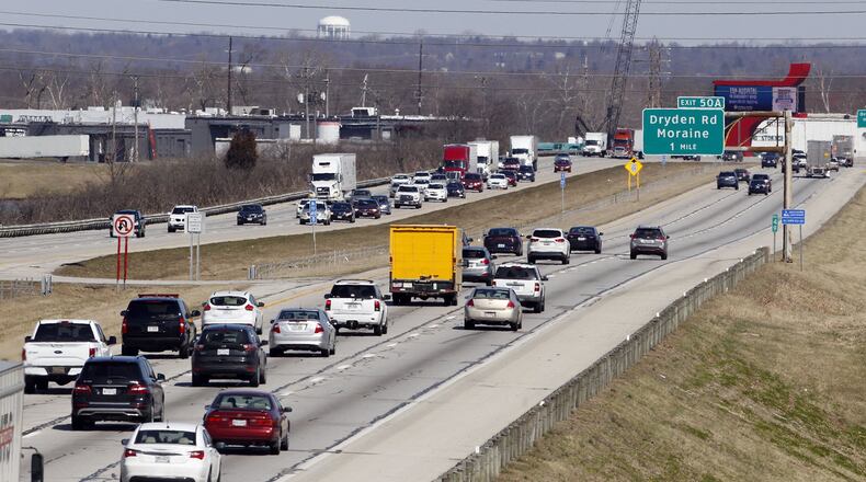 View of I-75 southbound in Moraine. A wrong-way driver crashed with another vehicle in the southbound lanes near the median crossover and killed three people on Sunday evening. TY GREENLEES / STAFF