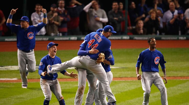 CLEVELAND, OH - NOVEMBER 02: The Chicago Cubs celebrate after winning 8-7 in Game Seven of the 2016 World Series at Progressive Field on November 2, 2016 in Cleveland, Ohio. (Photo by Gregory Shamus/Getty Images)