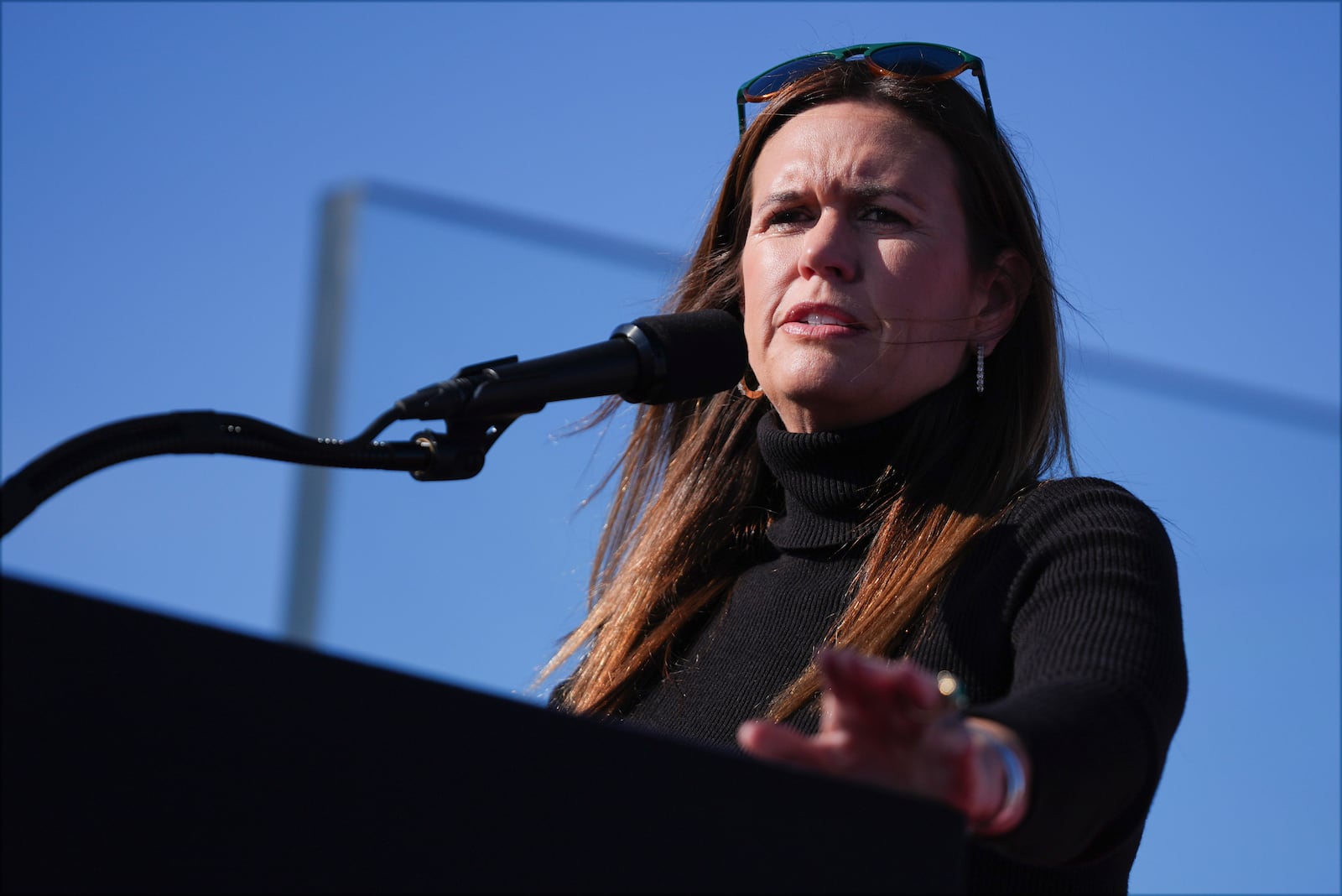 FILE - Arkansas Gov. Sarah Huckabee Sanders speaks at a campaign rally for presidential candidate, former President Donald Trump, in Lititz, Pa., Nov. 3, 2024. (AP Photo/Evan Vucci, File)