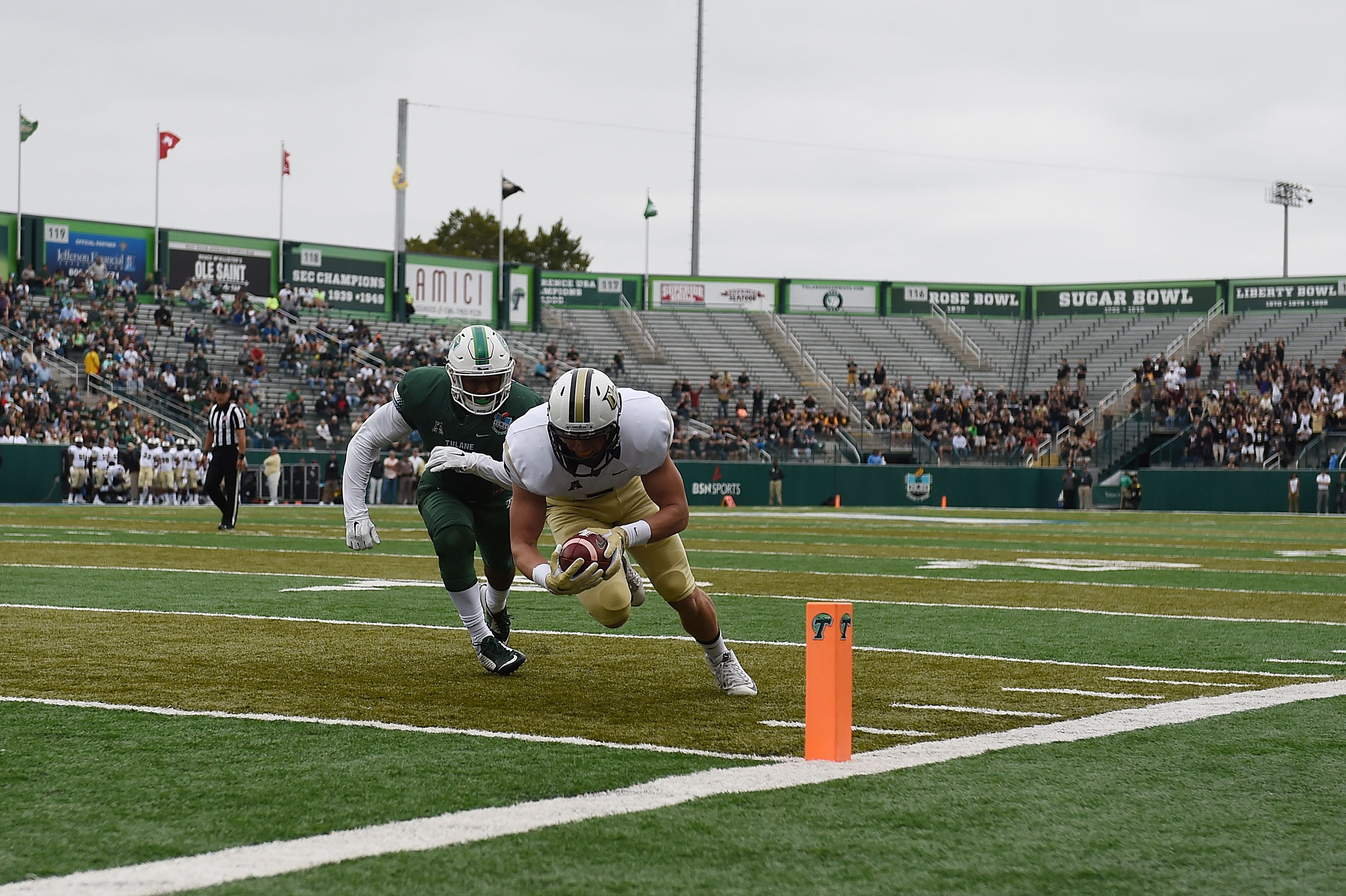 Jordan Franks #5 of the UCF Knights dives for a touchdown during the first quarter of a game against the Tulane Green Wave on October 3, 2015 at Yulman Stadium in New Orleans, Louisiana. (Photo by Stacy Revere/Getty Images)