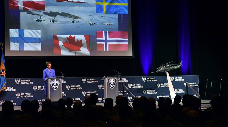 Secretary of the Air Force Barbara Barrett delivers remarks during the Air Force Association’s Air Warfare Symposium in Orlando, Fla., Feb. 27. The 3-day event is a professional development forum that offers the opportunity for Department of Defense personnel to participate in forums, speeches, seminars and workshops with defense industry professionals. (U.S. Air Force photo/Wayne Clark)