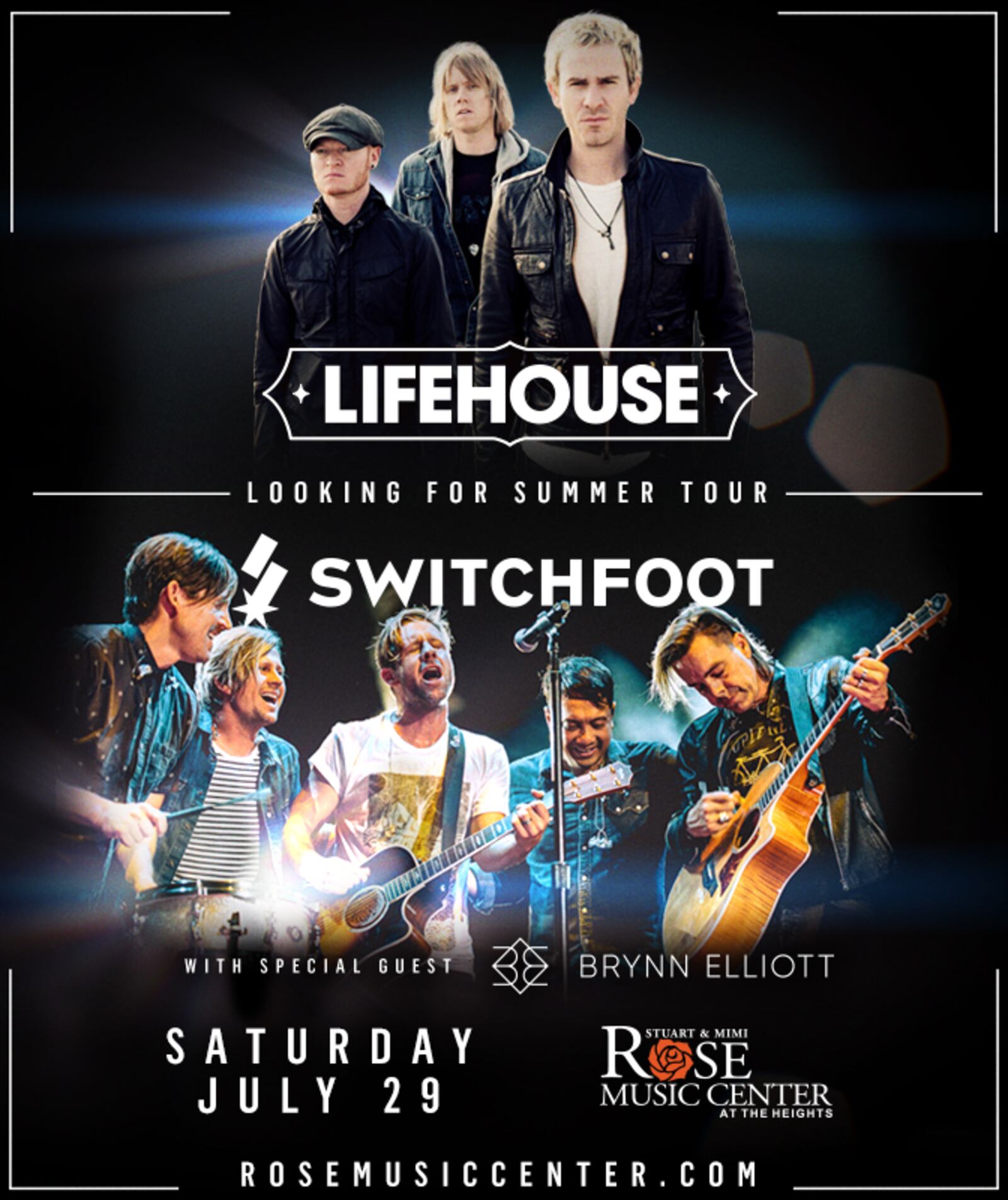 LIFEHOUSE & SWITCHFOOT: The Looking for Summer tour featuring Lifehouse and SWITCHFOOT is headed to Rose Music Center on July 29, 2017. Tickets are available at www.rosemusiccenter.com and www.ticketmaster.com. CONTRIBUTED