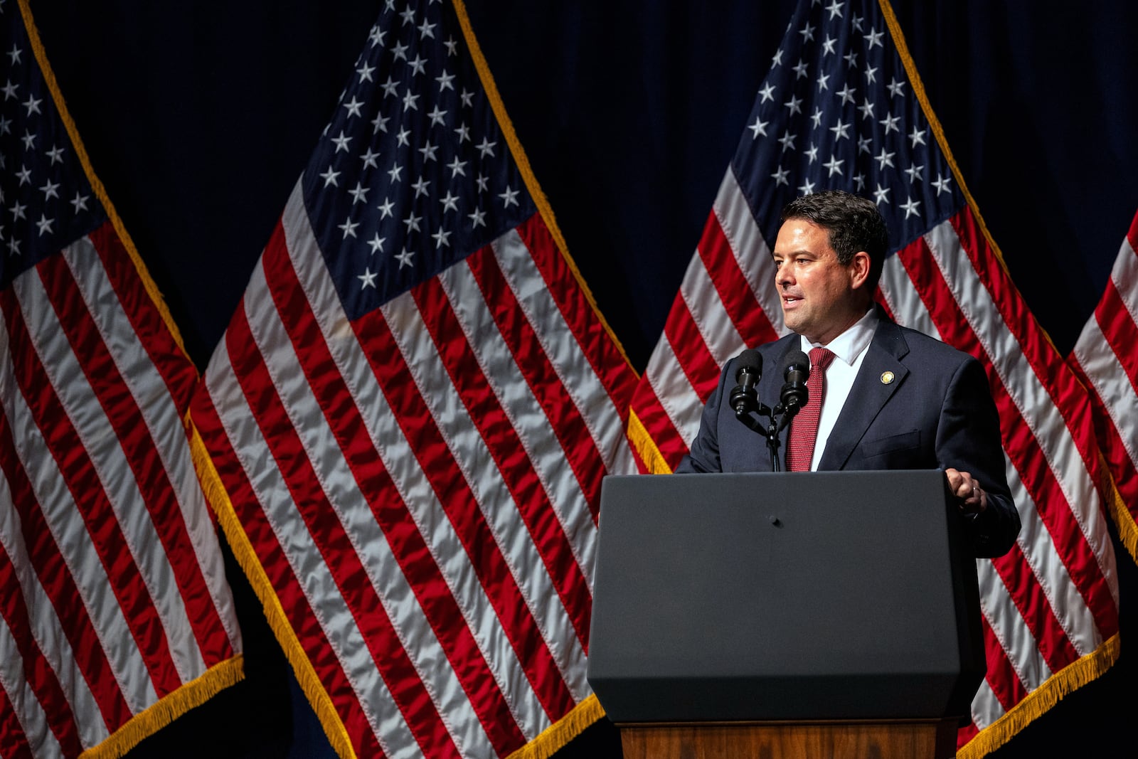 Ohio state Sen. Rob McColley speaks during the Ohio Republican Party dinner, Tuesday, June 24, 2025, in Lima, Ohio. (AP Photo/Lauren Leigh Bacho)