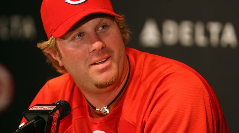 Cincinnati Reds outfielder Adam Dunn answers questions prior to the Red’s Opening Day game at Great American Ballpark, Monday, March 31, 2008. Staff photo by Greg Lynch