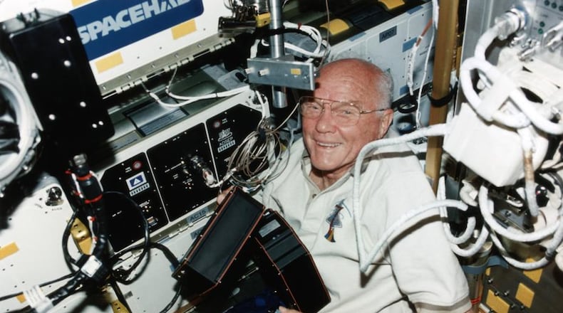 American astronaut John Glenn becomes the oldest person in space during the STS-95 mission on board the shuttle Discovery, 1998. (Photo by Space Frontiers/Getty Images)