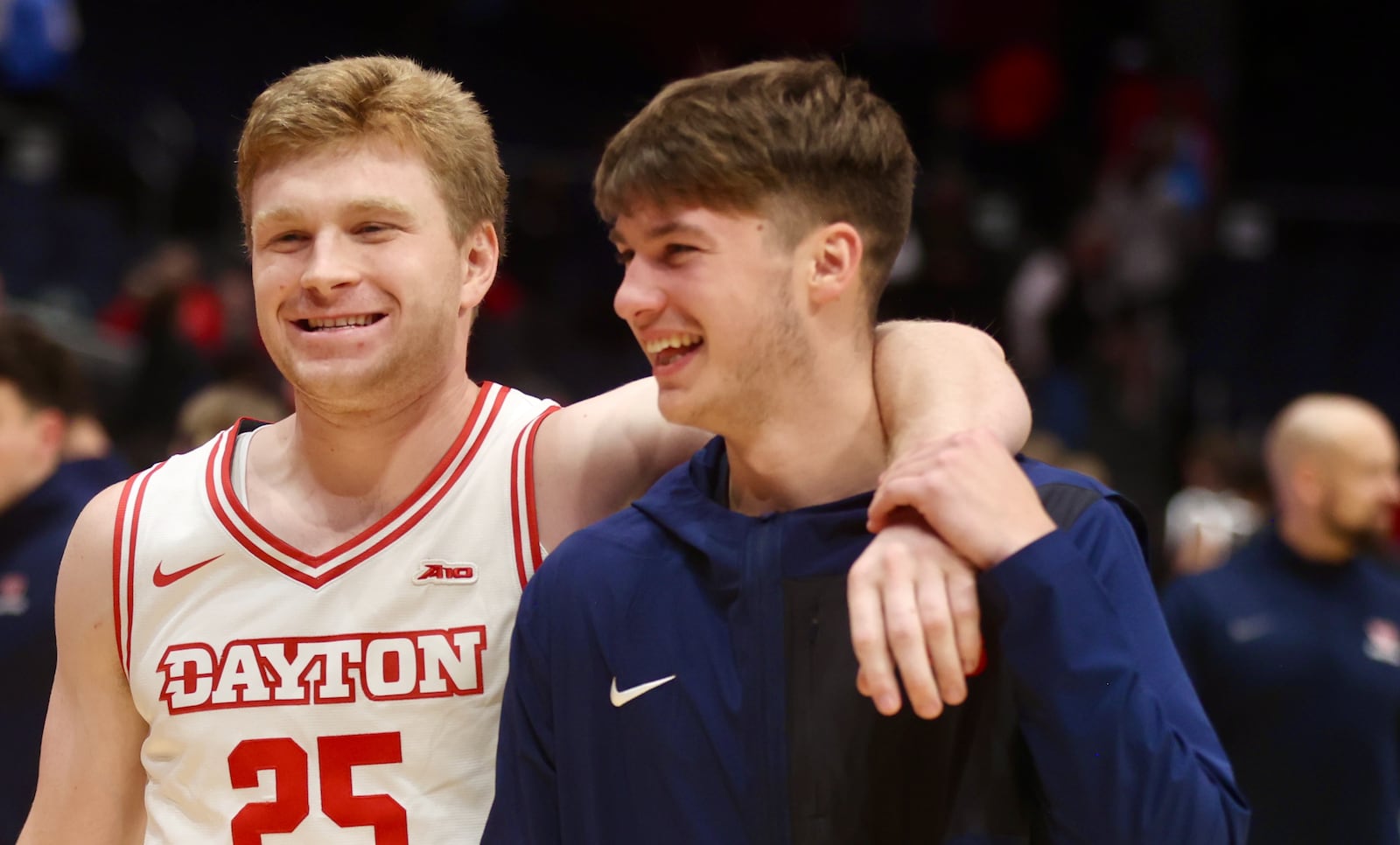 Dayton's Will Maxwell and Jordan Derkack leave the court after an exhibition game against Bowling Green on Monday, Oct. 27, 2025, at UD Arena. David Jablonski/Staff