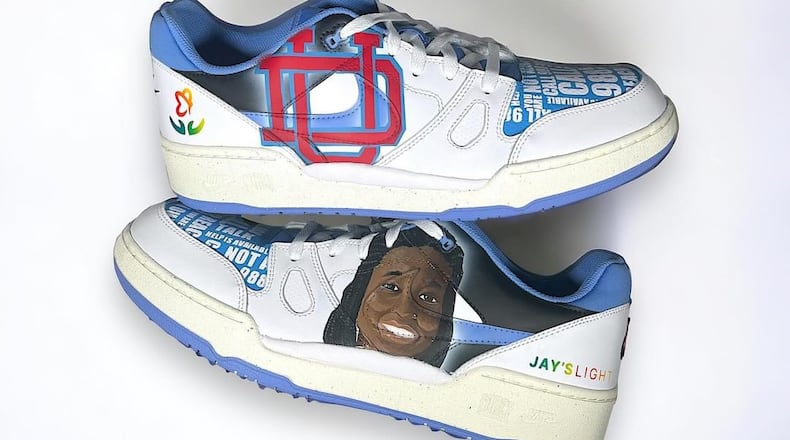 Custom-designed shoes for Dayton basketball coach Anthony Grant, by Elliott Gilardi, of Gilardi Customs in Troy.