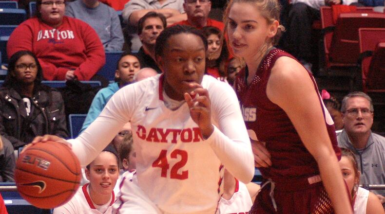 Jayla Scaife drives past a UMass defender during a game earlier this season. JOHN CUMMINGS / CONTRIBUTED