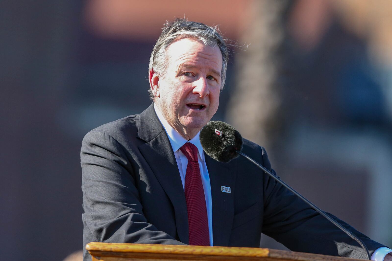 The day after an active shooter on campus Florida State president Richard McCullough addresses a vigil on campus at Langford Green, Tallahassee, Fla., Friday, April 18, 2025. (AP Photo/Gary McCullough)