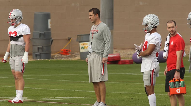 Ohio State’s Luke Fickell watches a drill during a Fiesta Bowl practice at Notre Dame Prep Academy on Wednesday, Dec. 28, 2016, in Scottsdale, Ariz. David Jablonski/Staff