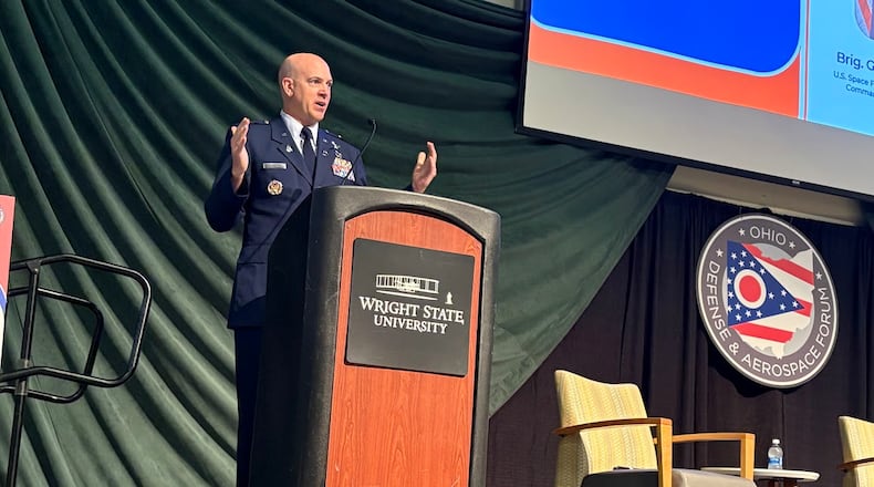 Brig. Gen. Robert Schreiner, Space Force liaison officer to U.S. Northern Command and Strategic Command, speaking at the Ohio Defense & Aerospace Forum on Monday Sept. 15, 2025. THOMAS GNAU/STAFF