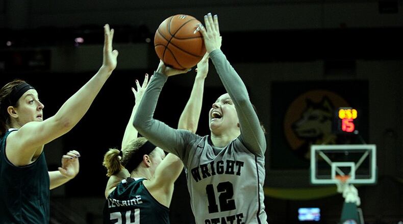 Wright State’s Mackenzie Taylor puts up a shot during Friday’s game vs. Green Bay at the Nutter Center. Tim Zechar/Contributed