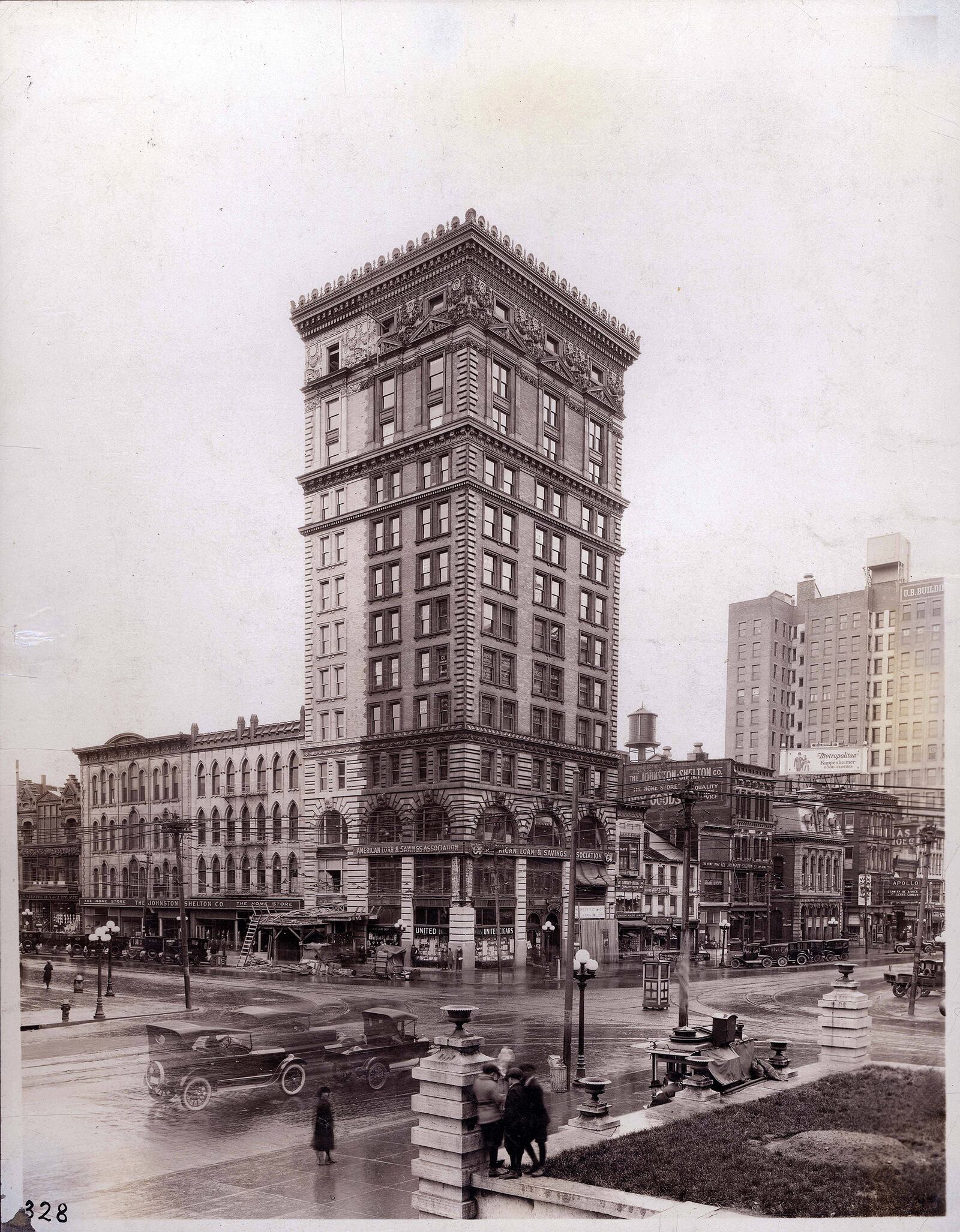 The American Building, known as the Conover Building when built in 1900, stands at the corner of Main and Third Streets in downtown Dayton. The photograph has has frozen a Dayton scene from the early 1920s in time. DAYTON METRO LIBRARY / LUTZENBERGER PICTURE COLLECTION