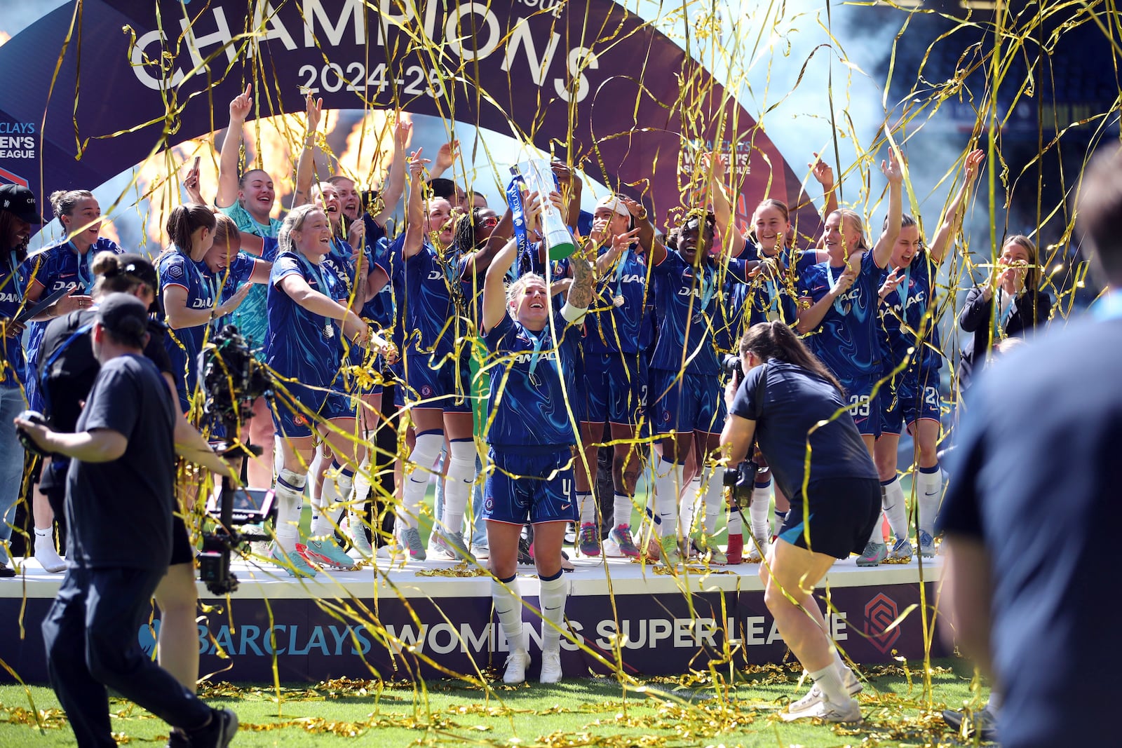 Chelsea lift the Women's Super League trophy at Stamford Bridge, London, Saturday May 10, 2025. (Rhianna Chadwick/PA via AP)
