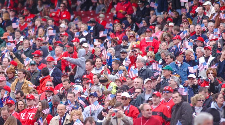Scenes from the Cincinnati Reds Opening Day game on March 31, 2003. It was the first game played at the new Great American Ballpark. GREG LYNCH / STAFF