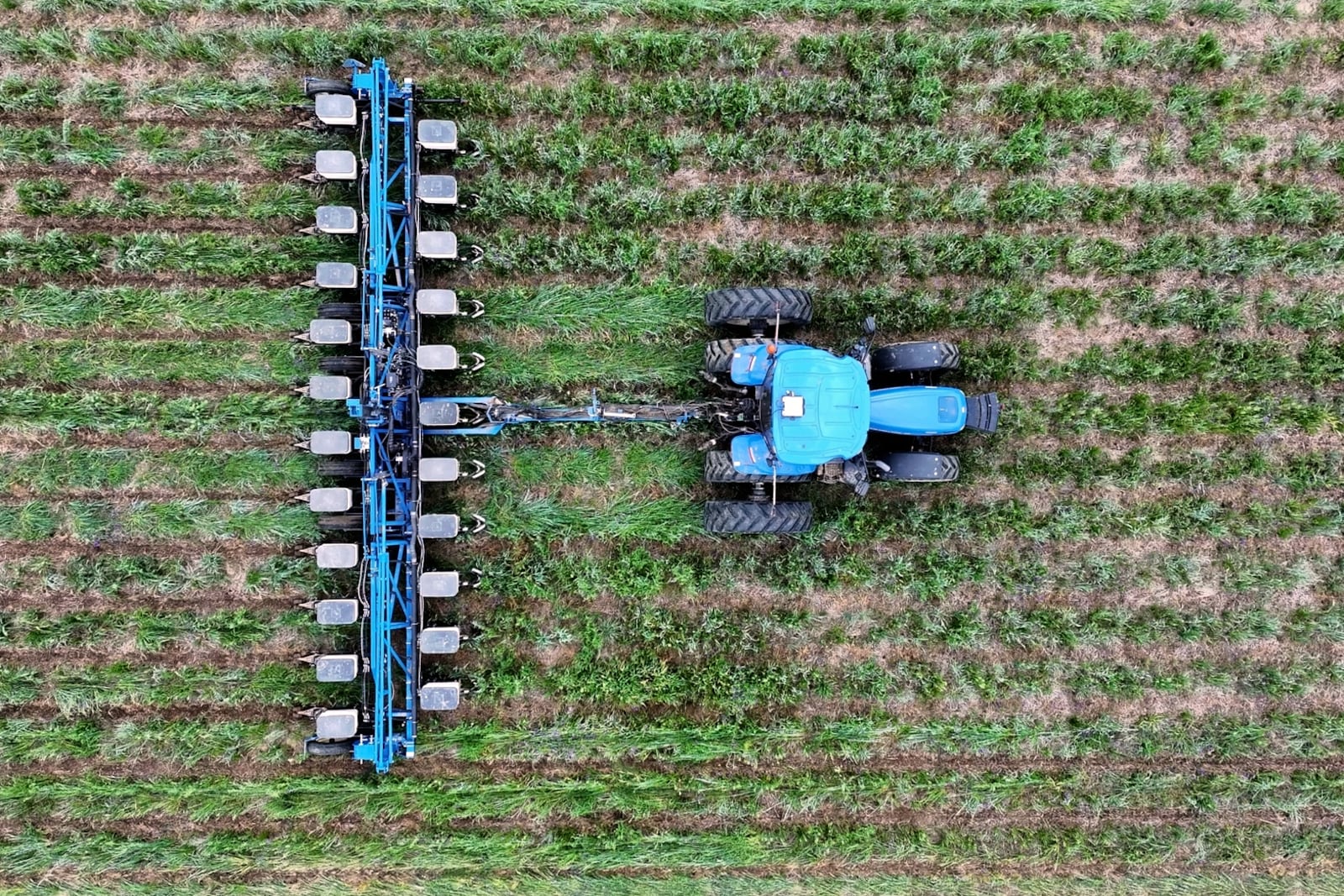 In this image from video provided by Matt Griggs, a tractor plants seeds in the ground on April 21, 2025 on the farm of Matt Griggs in Humboldt, Tenn. Griggs, like many American farmers, is paying close attention to the trade war between the U.S. and China, a critical market for soybeans. (Matt Griggs via AP)