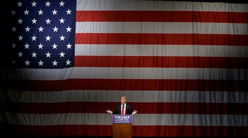 Republican presidential candidate Donald Trump speaks during a campaign rally at the Indiana Theater Sunday, May 1, 2016, in Terre Haute, Ind. (AP Photo/Seth Perlman)