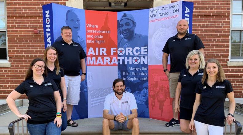 The Air Force Marathon staff works year round to plan the marathon, and each has an integral part in the success. Left to right are Rachael McKinney, Katie Klein, Rick Perron, Brandon Hough, Jordan West, Jeanette Monaghan and Alex Hausfeld. (U.S. Air Force photo/Stacey Geiger)