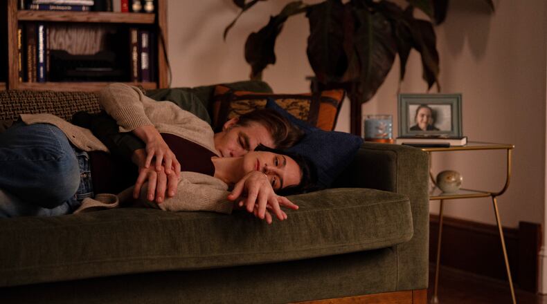 This image released by Sundance Institute shows Chris Pine, background, and Jenny Slate in a scene from "Carousel," an official selection of the 2026 Sundance Film Festival. (Sundance Institute via AP)