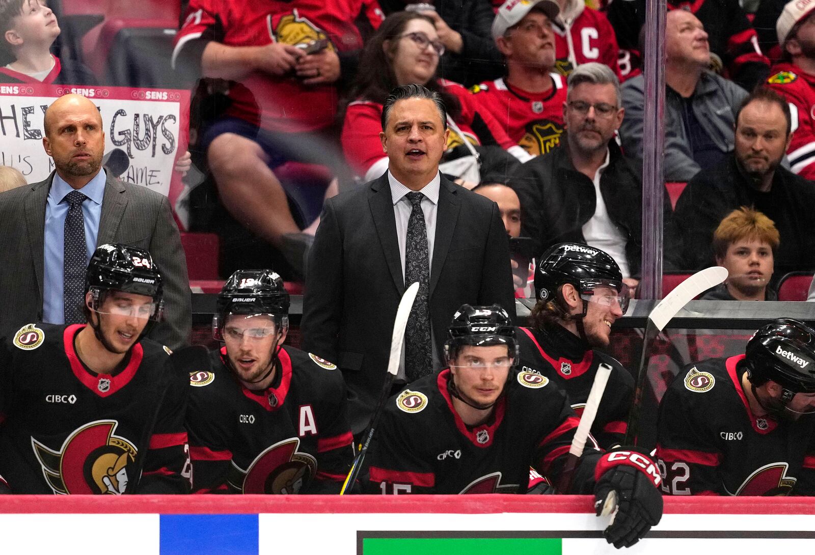Ottawa Senators head coach Travis Green looks on during second period NHL hockey action against the Chicago Blackhawks, in Ottawa, on Tuesday, April 15, 2025. (Justin Tang/The Canadian Press via AP)